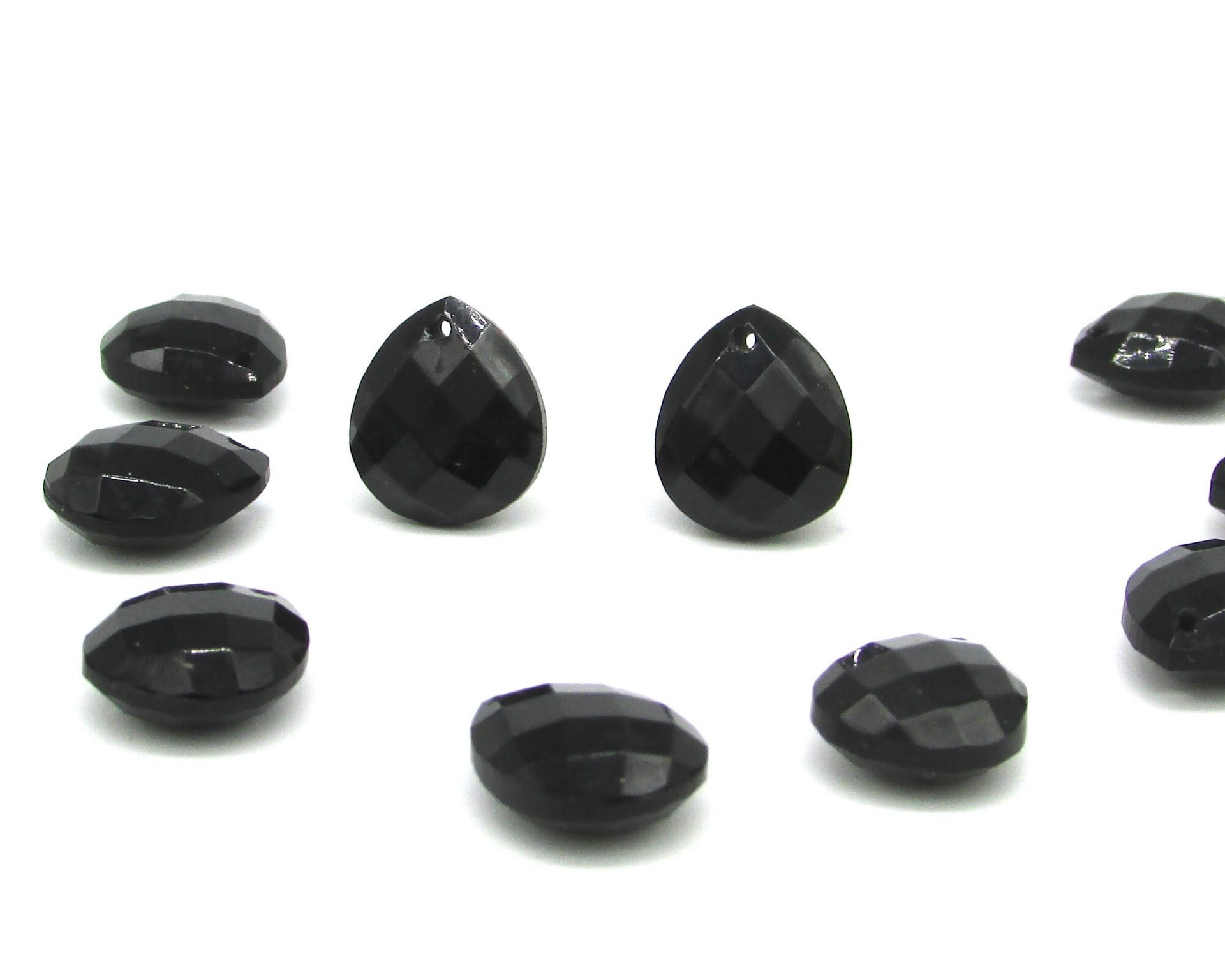 11x10mm Flat Teardrop Briolettes, Jet Black Faceted Czech Glass Beads