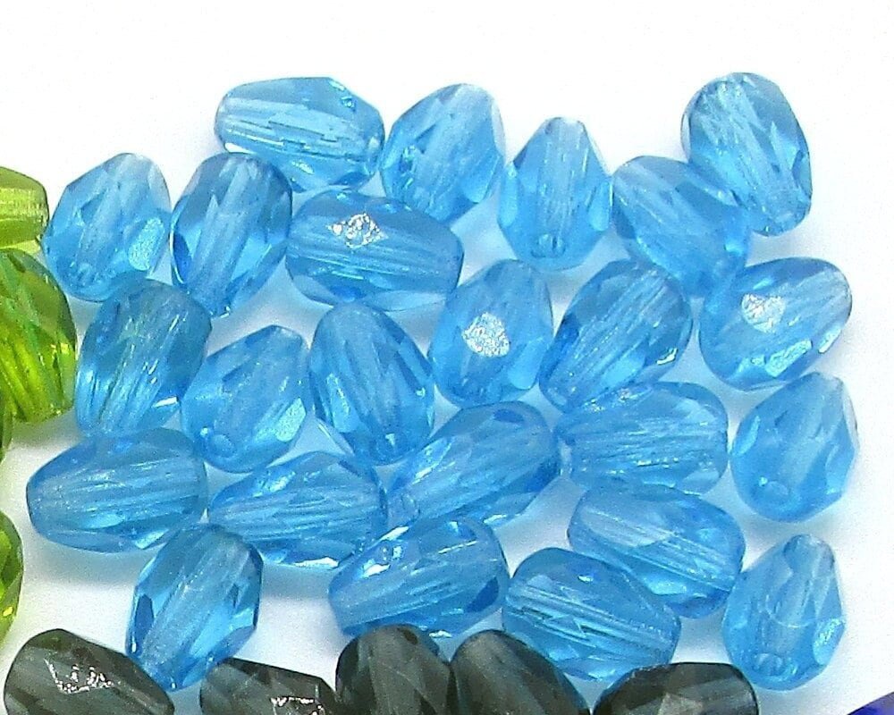 7x5mm Teardrops, Aqua Blue Faceted Pear, Czech Fire Polished Glass Beads