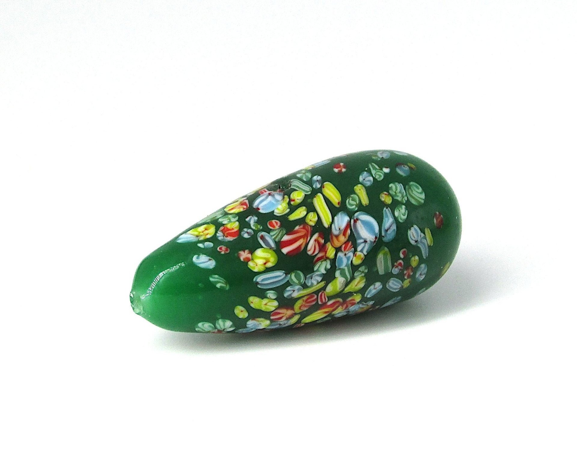 Vintage 36x18mm Teardrop Focal, Green Tombo Millefiori Glass Bead