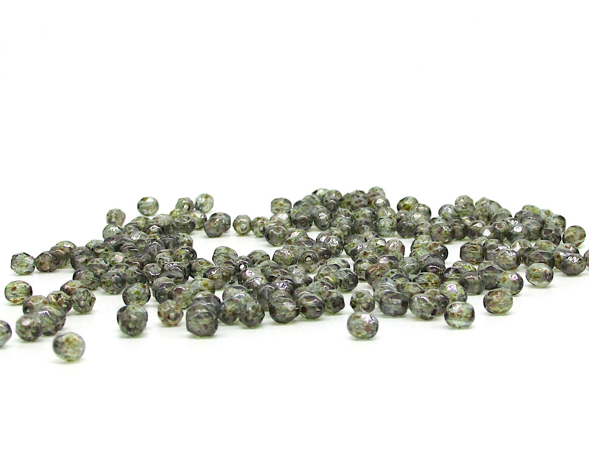 4mm Faceted Rounds, Moss Green Luminescent Czech Glass Beads (100)
