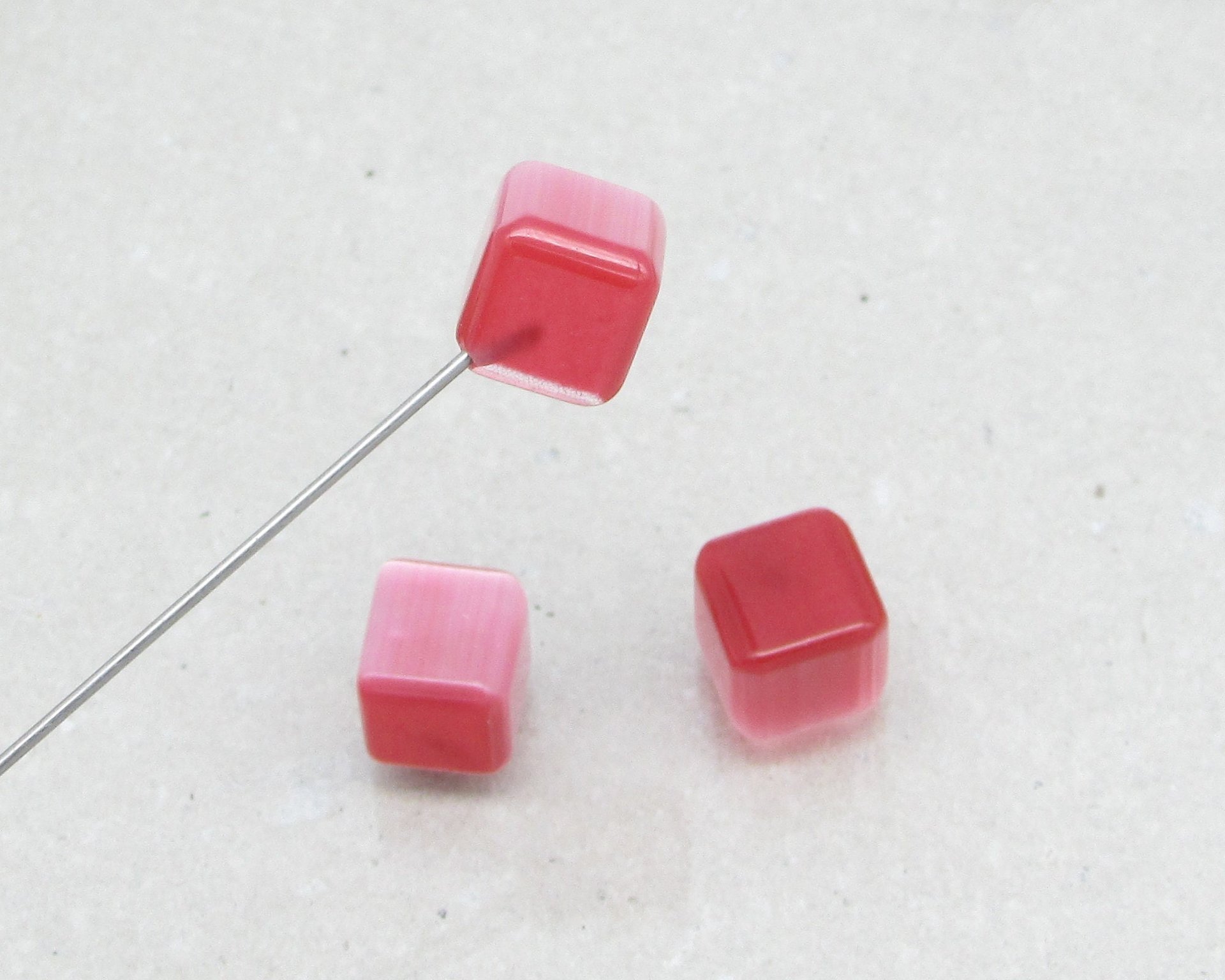 8mm Cube Beads, Pink Half Drilled Fiber Optic Glass 1-Hole Beads