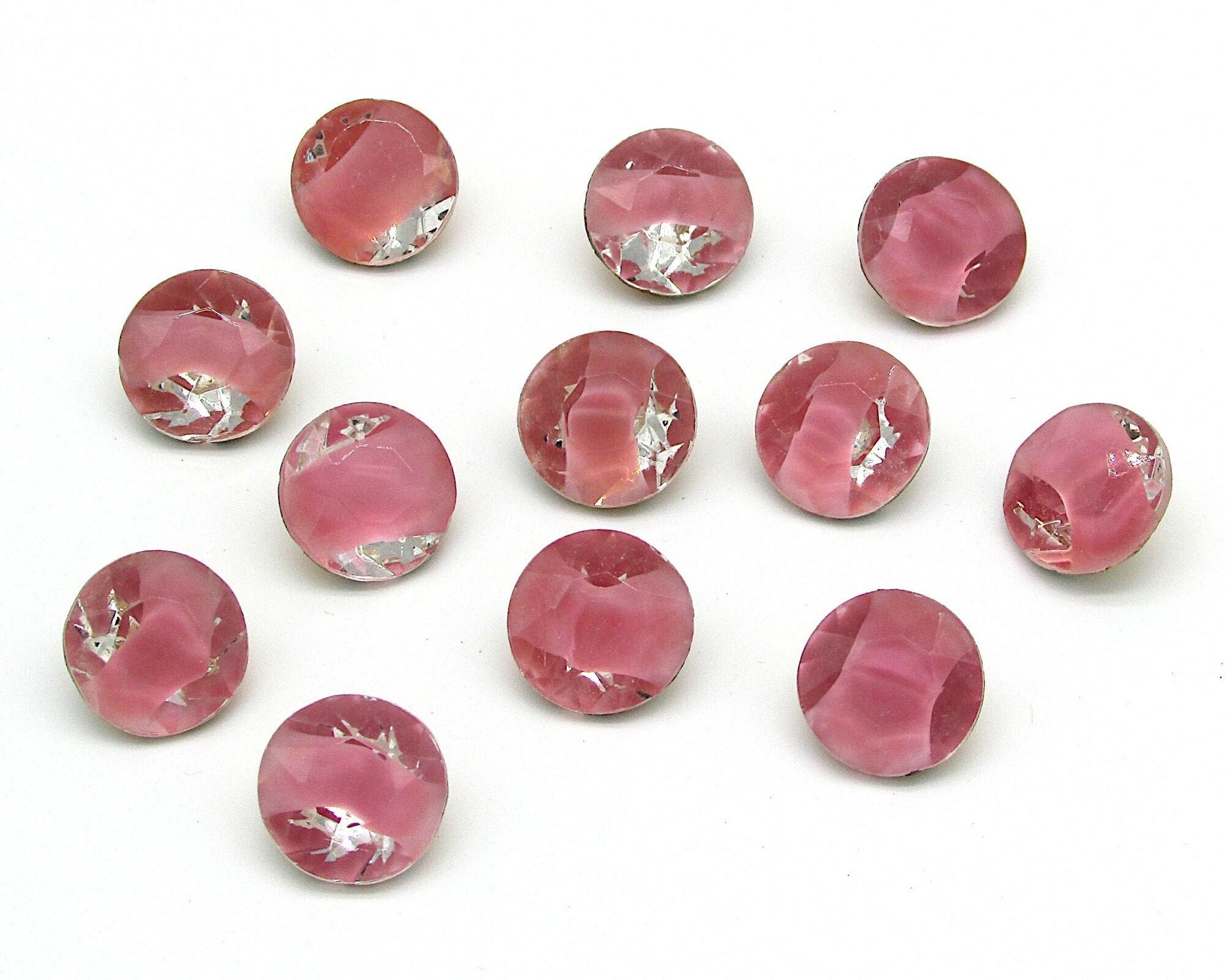 60ss Rose Pink Givre Rhinestone Dentelles, Vintage 14mm Faceted 2-Tone Point Back Glass Gems (12)