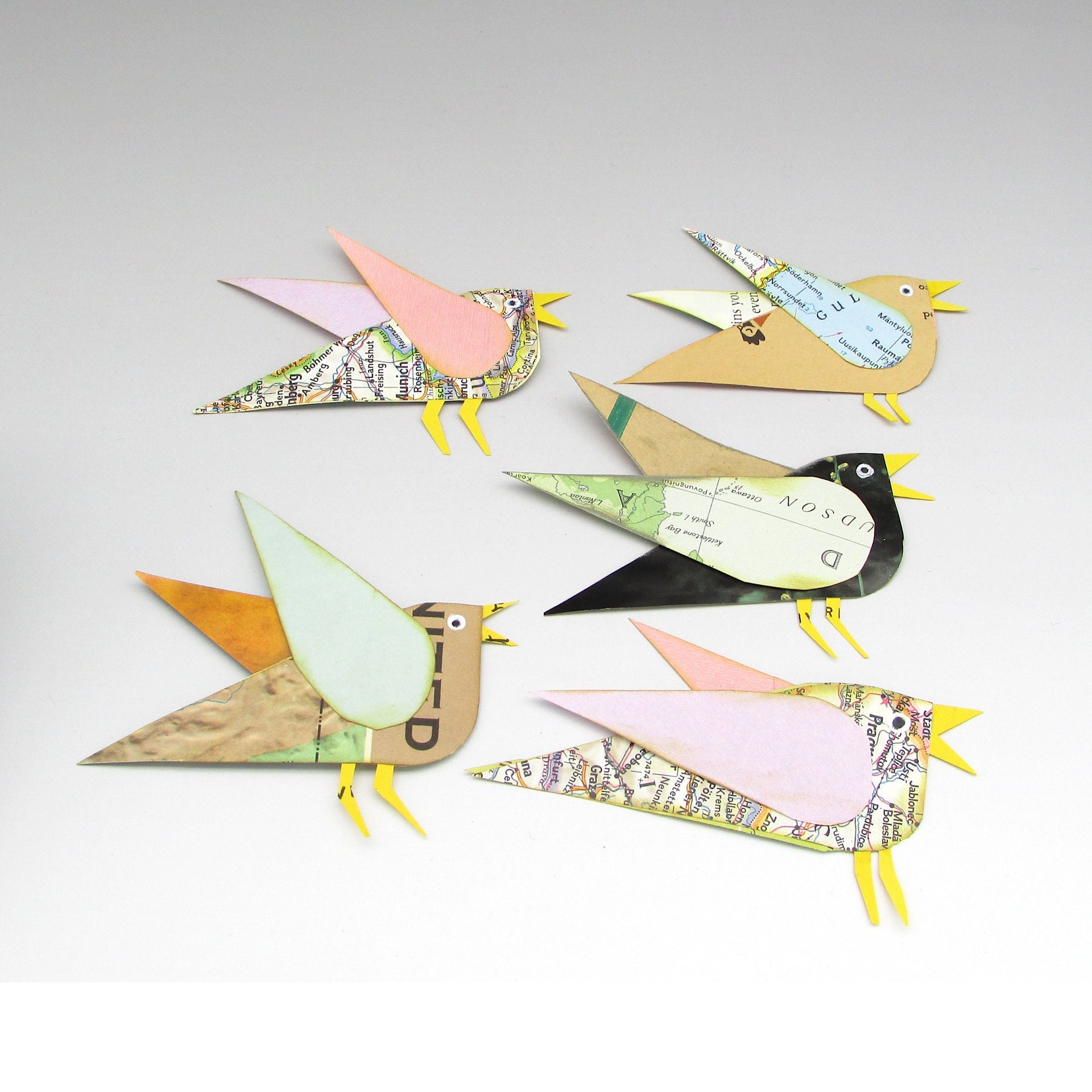 Paper Collage Birds Set of 5 Junk Journal Ephemera, Whimsical Scrapbook Embellishments