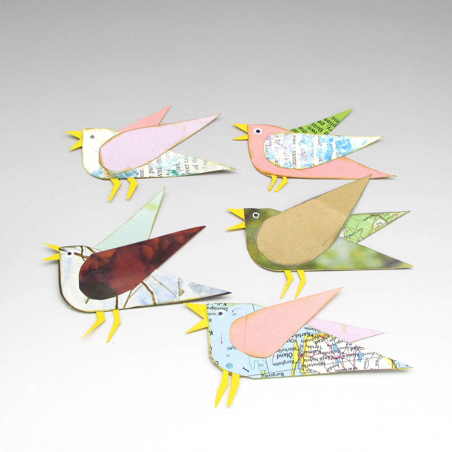 Paper Collage Birds Set of 5 Junk Journal Ephemera, Whimsical Scrapbook Embellishments