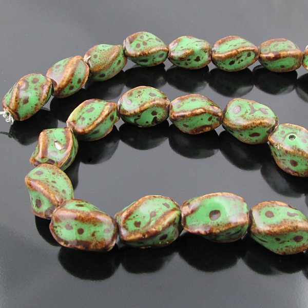 15x10mm Twist Beads, Rustic 2-Tone Green and Copper Glazed Ceramic Fluted Barrels