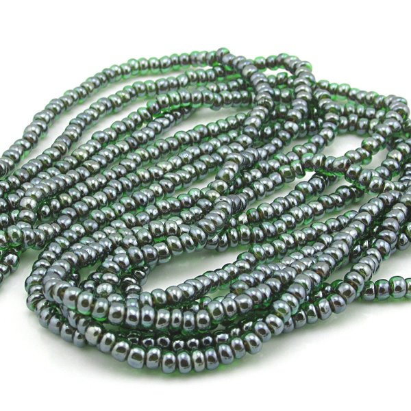 8/0 Czech Glass Seed Beads, Vintage 20" Strands 2mm Emerald AB Mini Rocailles (3)
