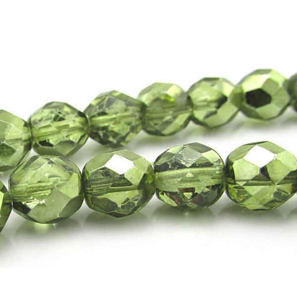 Olivine AB 8mm Faceted Rounds, Fire Polished Czech Glass Beads