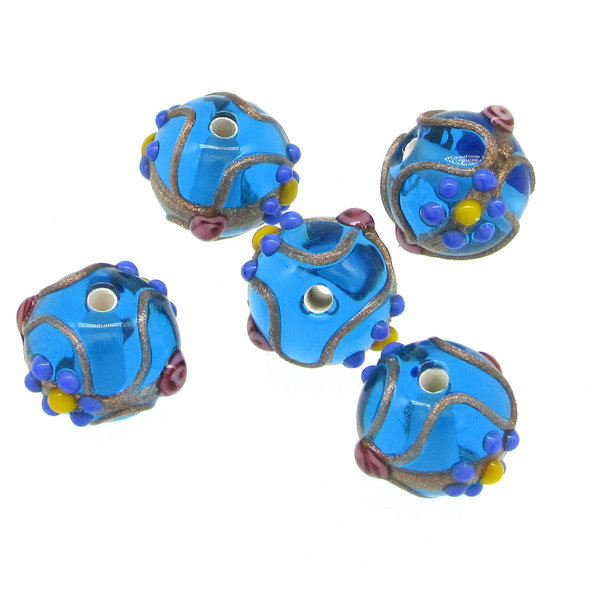 10mm Rounds, Translucent Aqua Fancy Lampwork Beads with Bumpy Dots and Aventurine Drizzle (5)