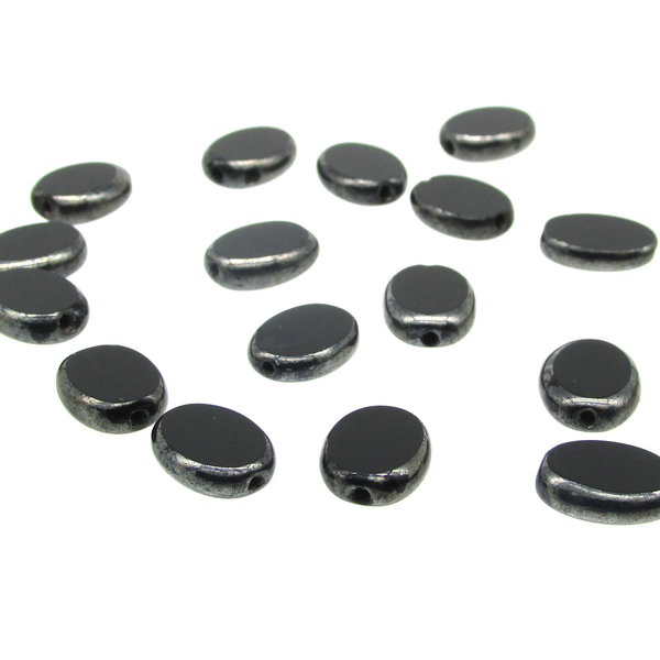 11.5x9mm Flat Oval Window Beads, Opaque Jet and Hematite Czech Glass 