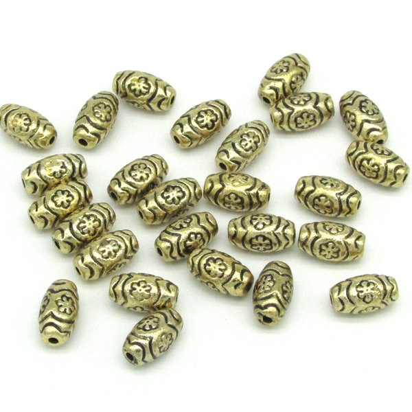 Oval Flower Beads, Antique Gold 11mm Barrels, Plated Plastic Spacers
