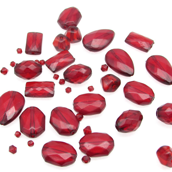 Vintage Plastic Bead Mix, Translucent Red Faceted Beads