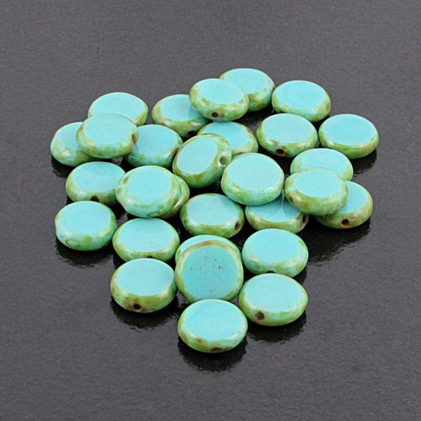 10mm Coin Turquoise Picasso Window Beads (30)