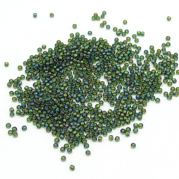 11/0 Seed Beads, Round TOHO Olivine Rainbow, Translucent Iridescent Green Spacers