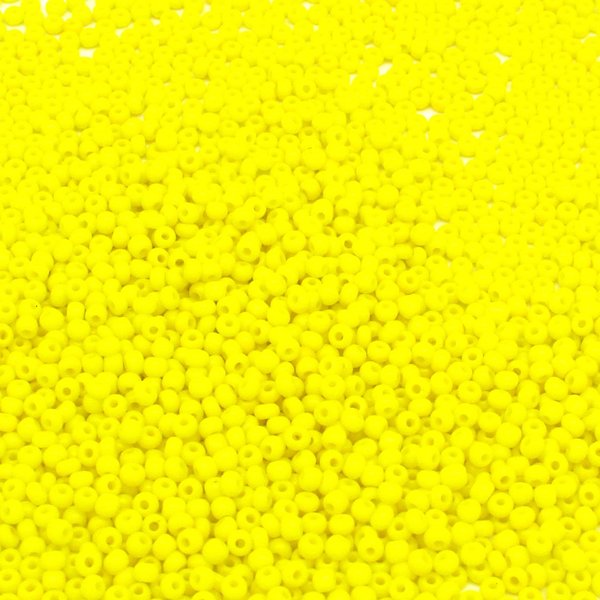 11/0 seed beads are opaque yellow glass. Tiny opaque rocailles average 2x1.5mm with round 0.64mm holes