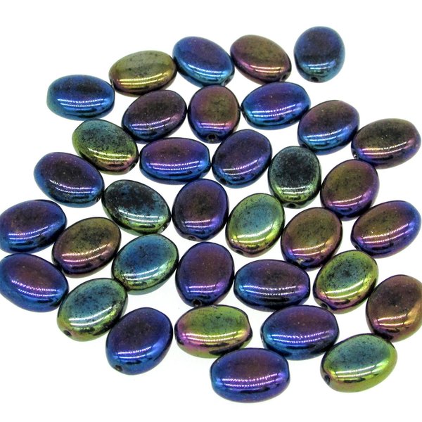 12x9mm Flat Oval Czech Glass Beads, Iridescent Black