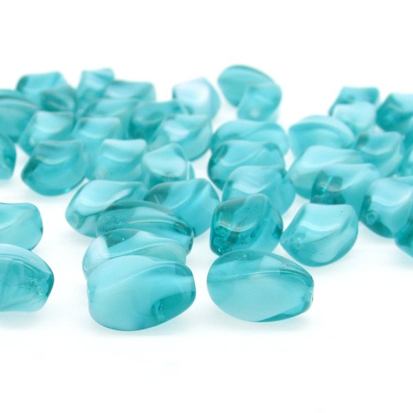14x8mm Twisted Oval Beads, Aqua Givre Czech Pressed Glass Barrels (36)