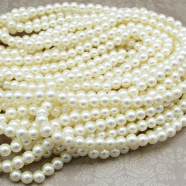 6mm Round Faux Pearls, Opaque Cream Lustre Vintage Plastic Beads (100)