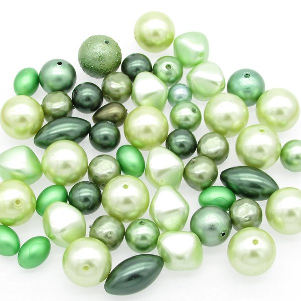 Vintage Bead Mix, Opaque Green Faux Pearls, 8mm-15mm Assorted Shapes