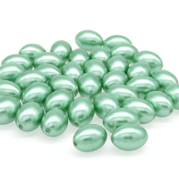 11mm Rice Beads, Opaque Green Plastic Pearls, Vintage 11x8mm Tapered Oval Barrels (37)