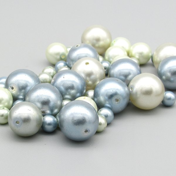 6-14mm Bead Mix, Opaque Light Blue and Pale Gray Coated Glass Faux Pearls 