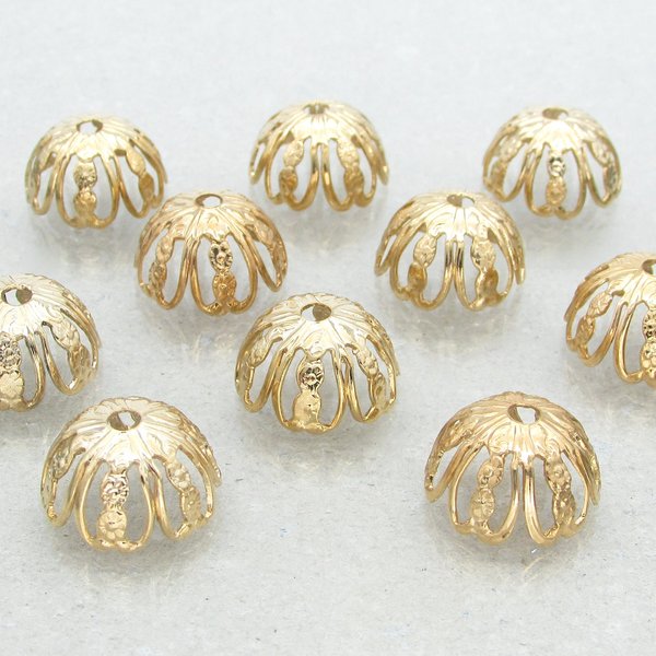 14mm Bead Caps, Gold Plated Brass Findings (10)