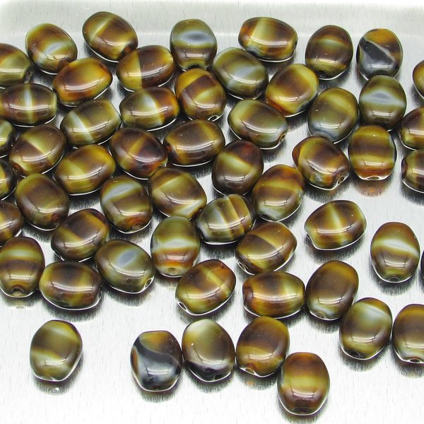8x6.5mm Oval Brown Striped Opaque Czech Glass Beads