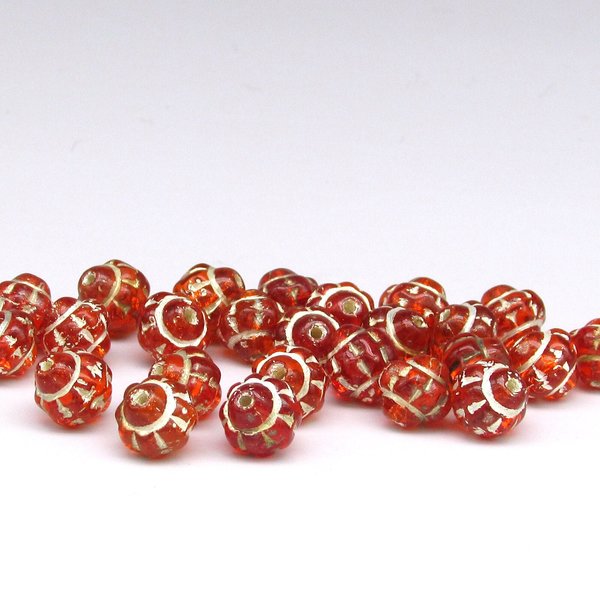 Vintage 8mm Saturn Beads, Orange with Silver Wash, Czech Pressed Glass (25)