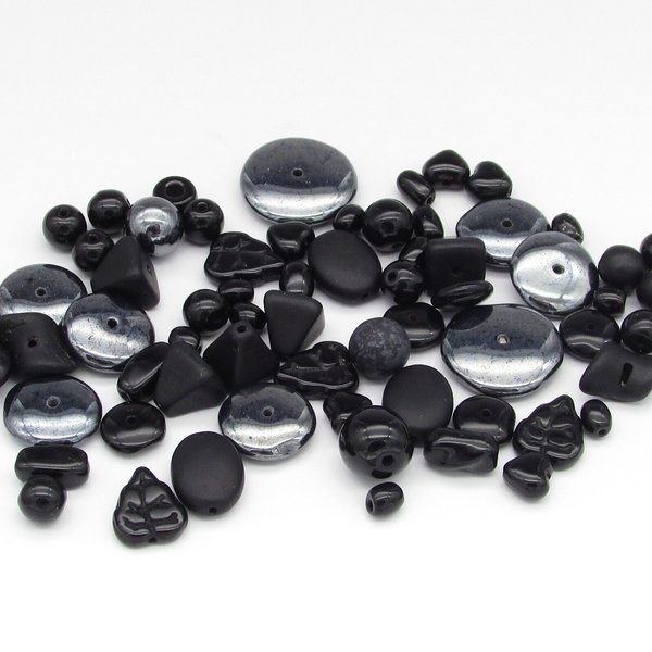 Black Bead Mix, Vintage Czech Pressed Glass