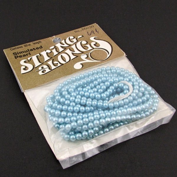 Vintage 4mm Faux Pearls, 60" Strand Round Opaque Light Blue Beads