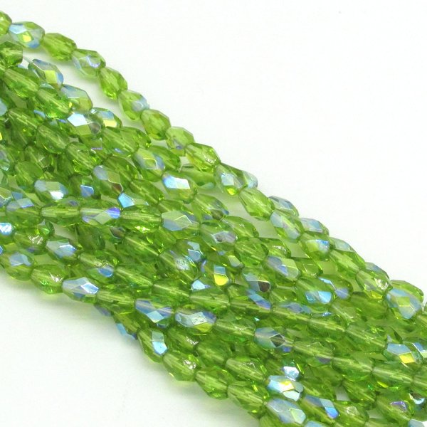 Olivine AB 7x5mm Pear Droplets, Faceted Teardrops, Czech Fire Polished Glass Beads