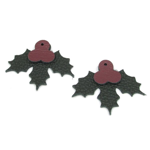 1.5" Holly Leaf and Berry Reversible Leather Cut-Outs for Christmas Jewelry and Decorations
