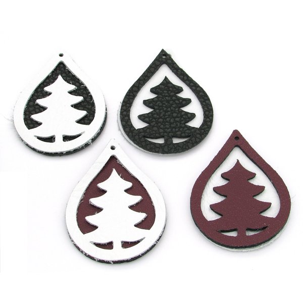 2" Large Teardrops with Pine Tree Cut-Outs, Top Grain Leather Shapes for Layered Christmas Pendants