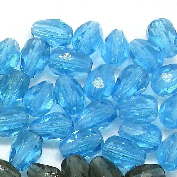 7x5mm Teardrops, Aqua Blue Faceted Pear, Czech Fire Polished Glass Beads