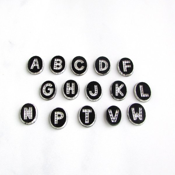 Vintage Initial Cabochon, Black Glass with Rhinestone Letter, 10x8mm Flat Oval