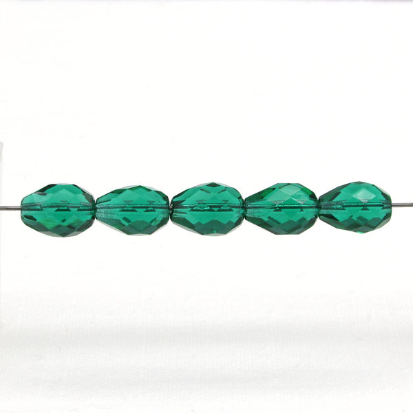 13x9mm faceted glass beads are translucent emerald green fire polished teardrops with lengthwise 1mm diameter holes.