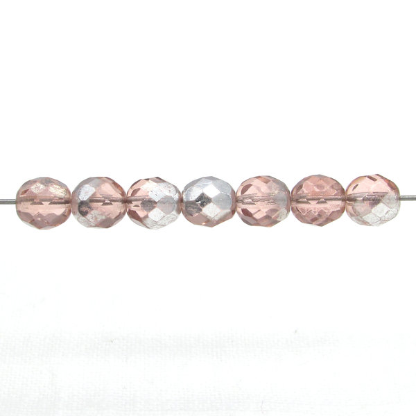 8mm Faceted Rounds, Rosaline Silver Czech Fire Polished Beads