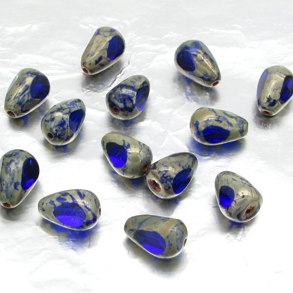12x8mm Sapphire Picasso Teardrop 3-Cut Beads